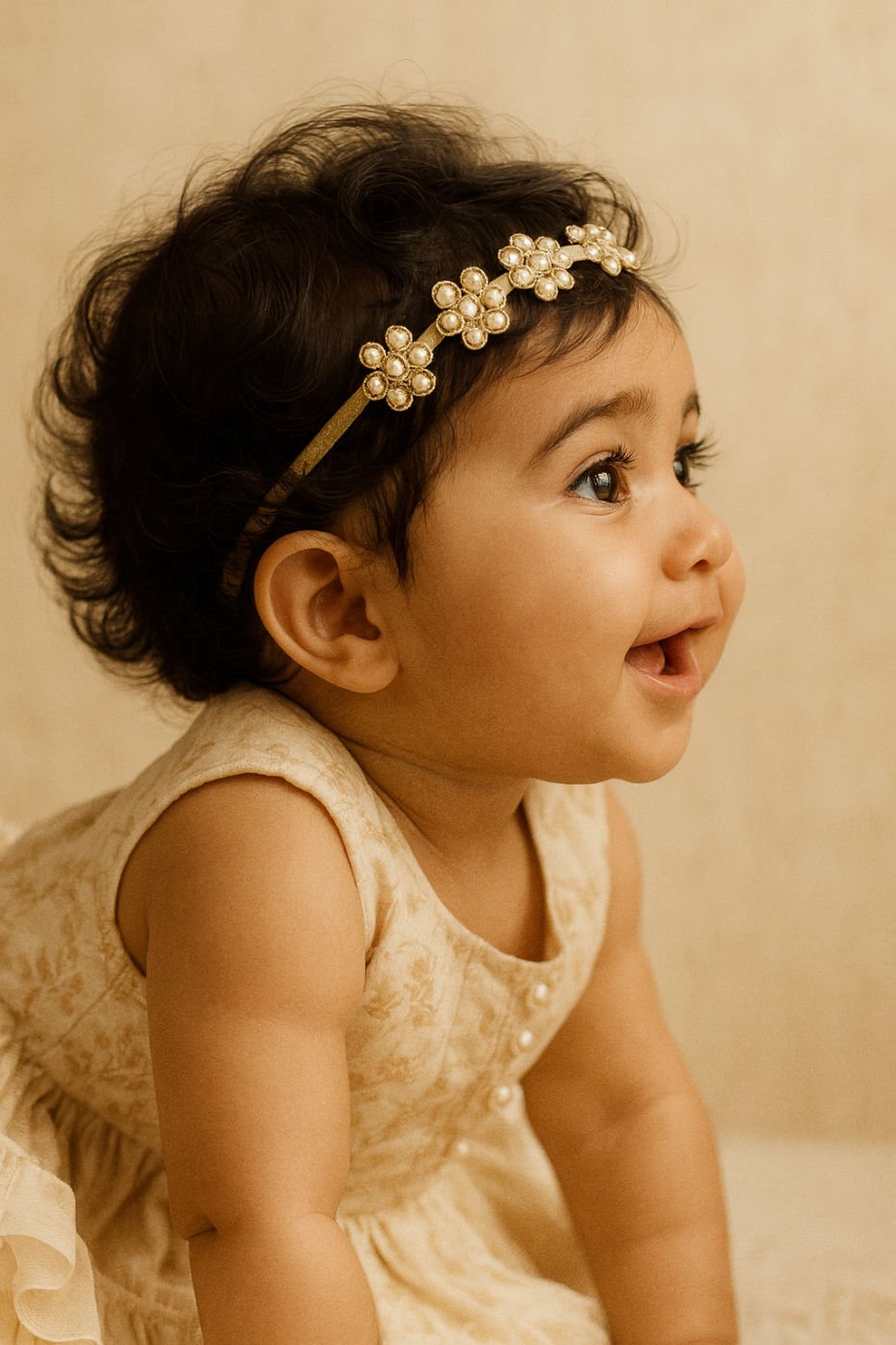Gold Floral Pearl Embellished Festive Girls Headband With Lace Detail