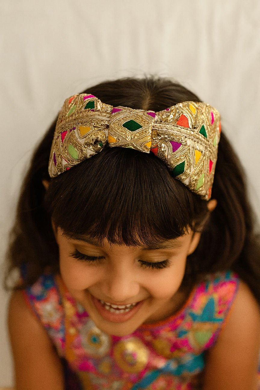 Gold Multicolour Embroidered Mirror Work Kids Hair Band Festive Accessory