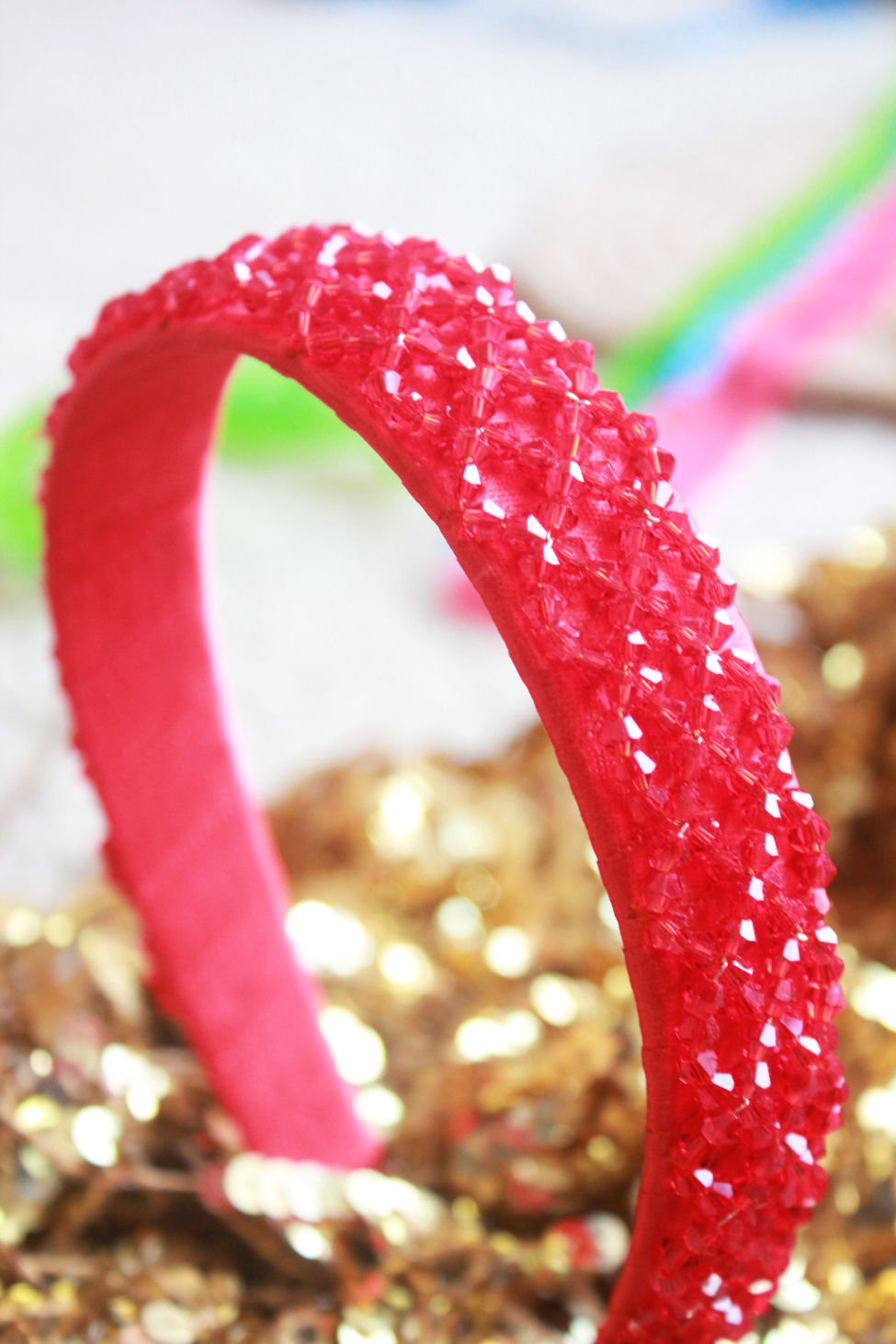 Red Crystal Beaded Chic Party Sparkle Girls Hairband With Satin Base