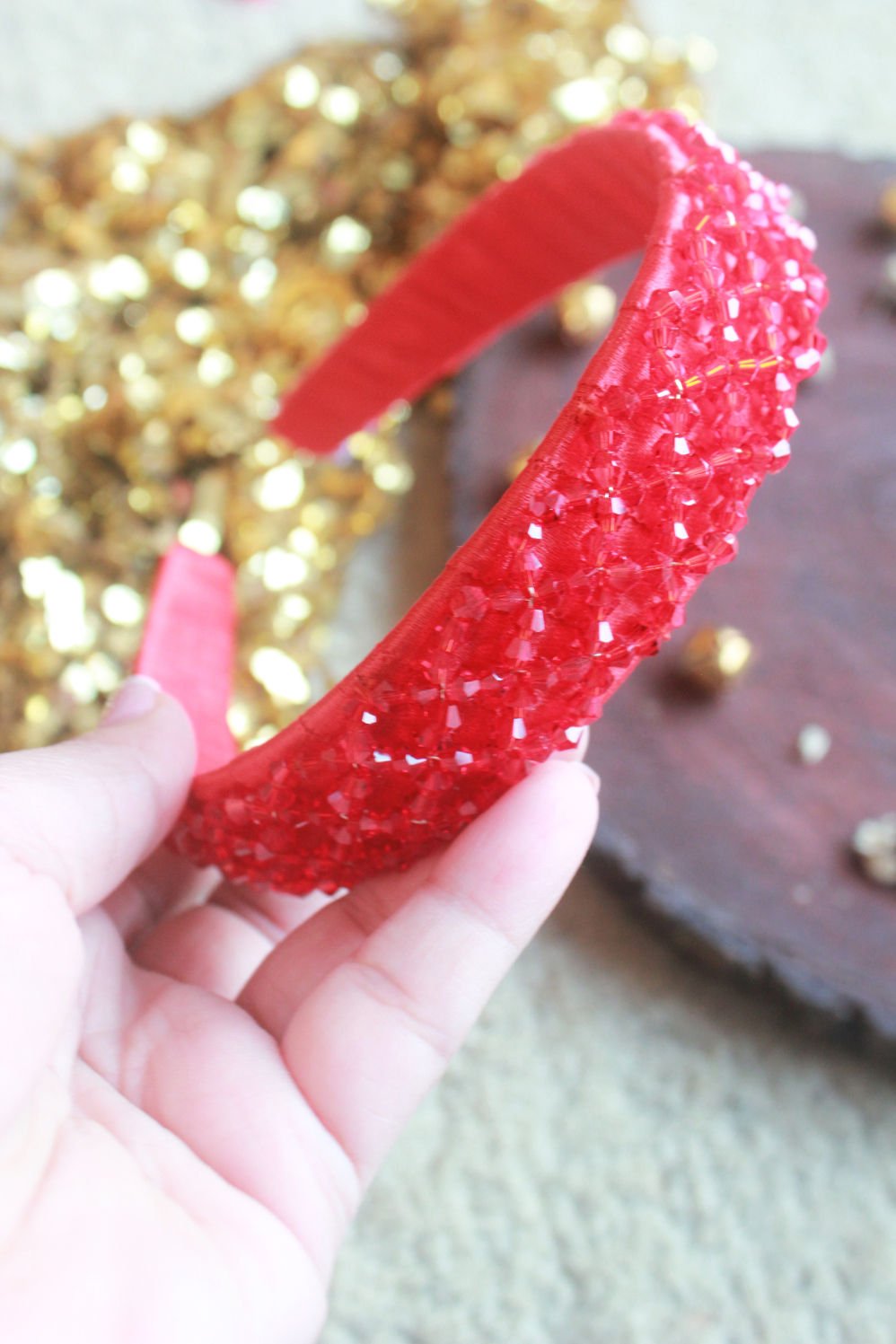 Red Crystal Beaded Chic Party Sparkle Girls Hairband With Satin Base