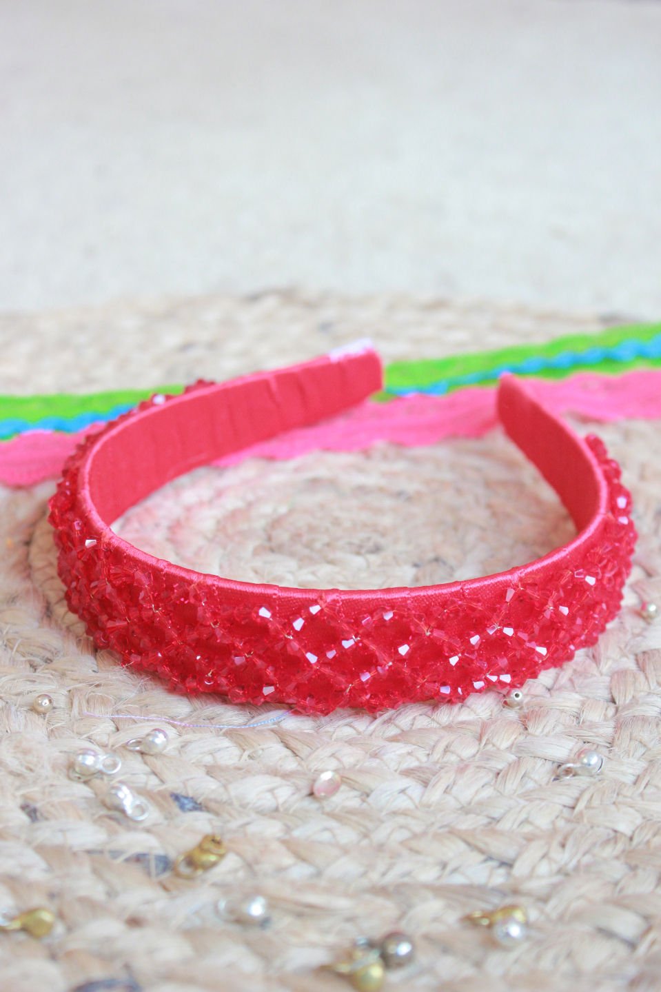 Red Crystal Beaded Chic Party Sparkle Girls Hairband With Satin Base