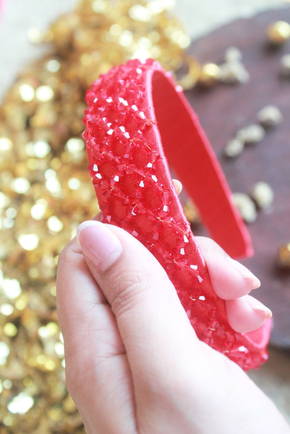 Red Crystal Beaded Chic Party Sparkle Girls Hairband With Satin Base