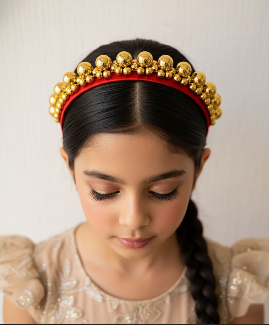 Red Satin Golden Bead Detailing Party Glam Girls Hairband With Pearl Accents