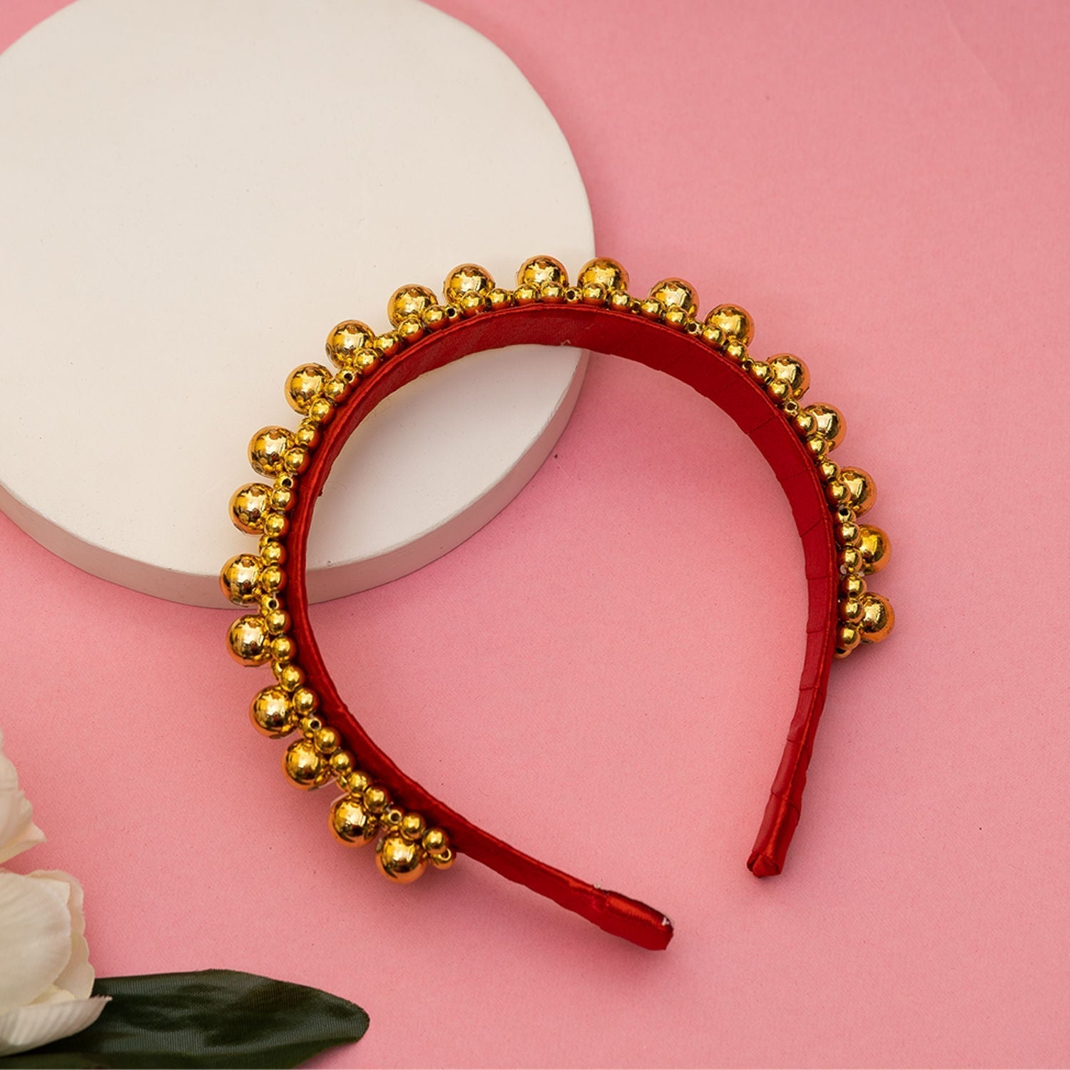 Red Satin Golden Bead Detailing Party Glam Girls Hairband With Pearl Accents
