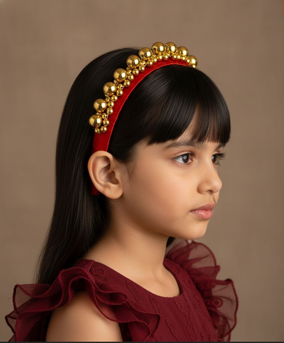 Red Satin Golden Bead Detailing Party Glam Girls Hairband With Pearl Accents