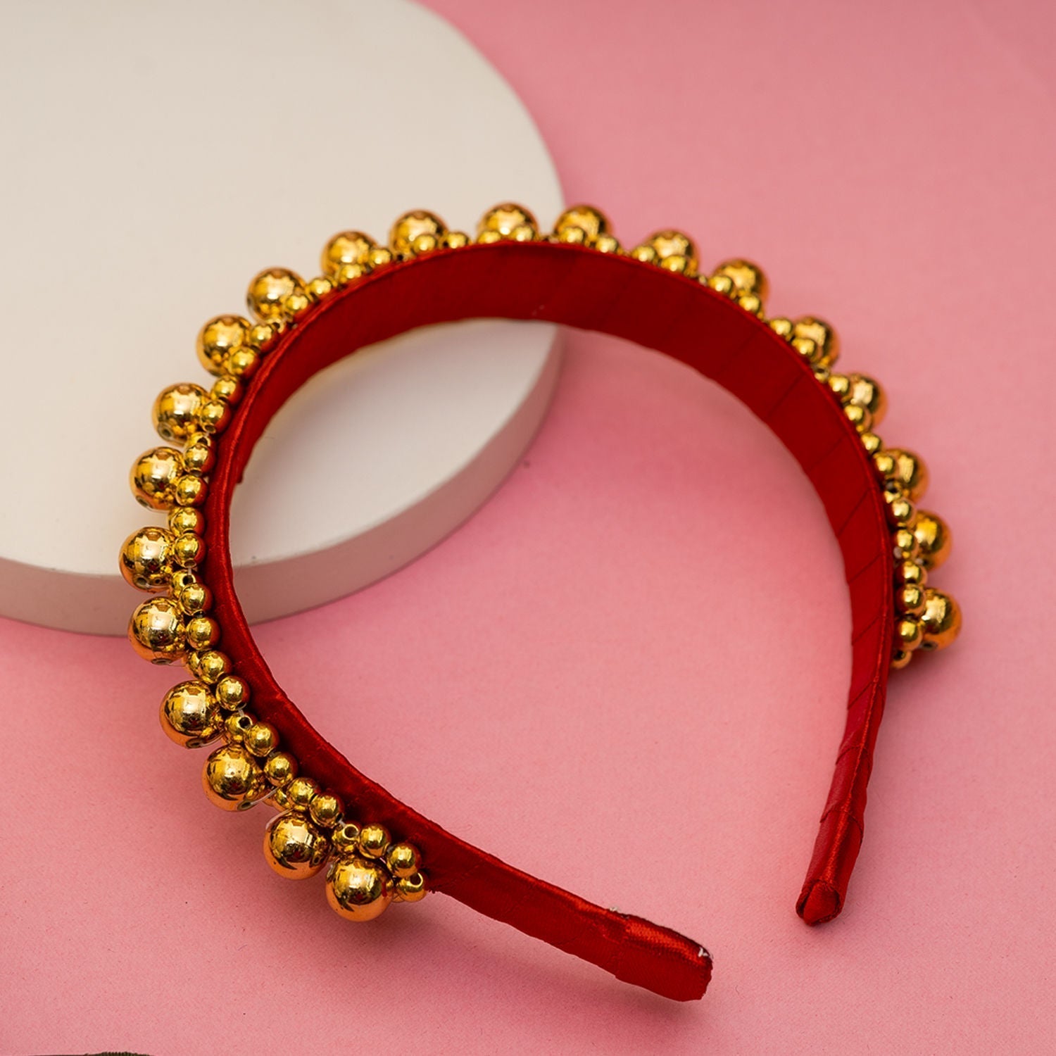 Red Satin Golden Bead Detailing Party Glam Girls Hairband With Pearl Accents