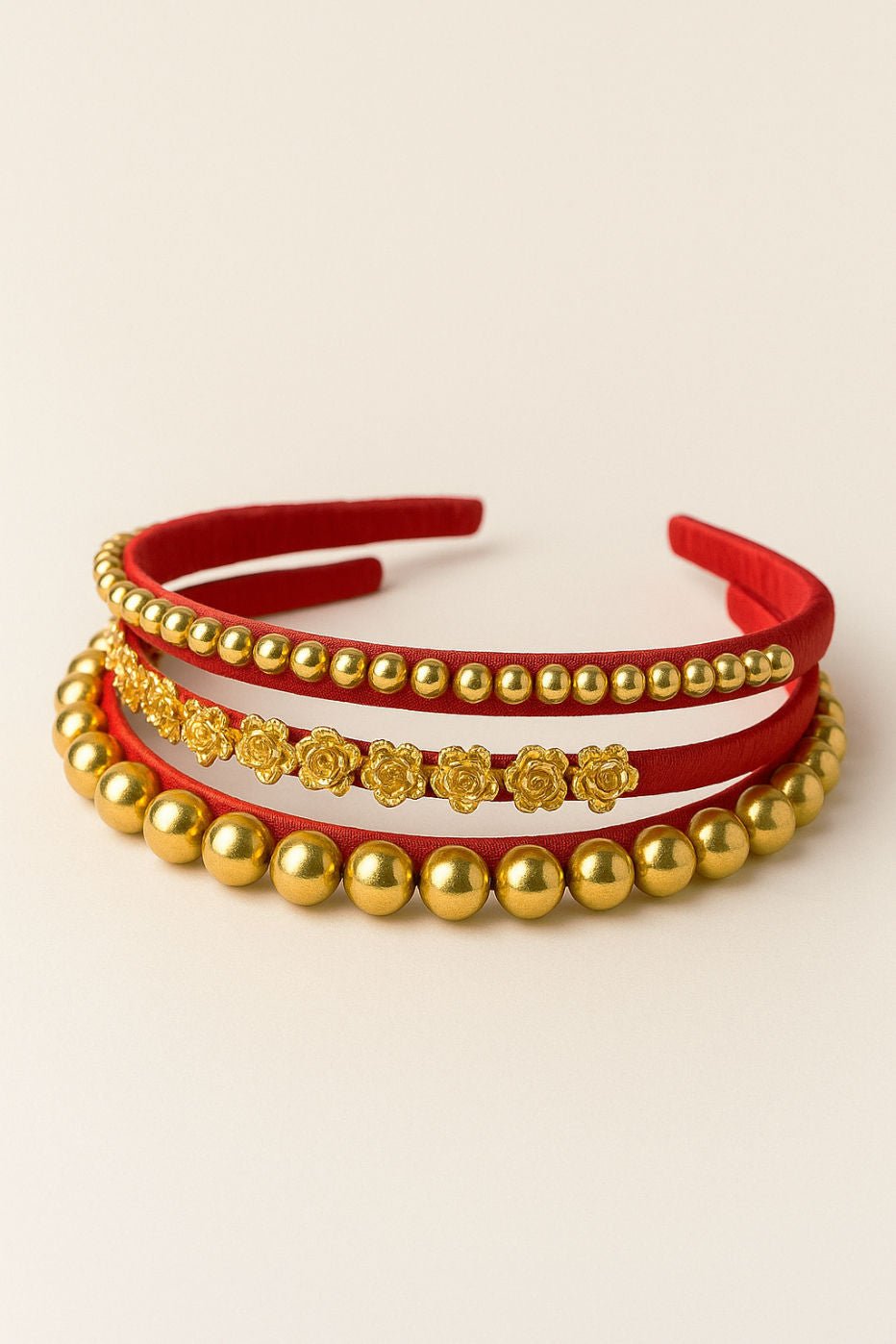Golden Bead & Floral Red Satin Girls Headband Set With 3 Pieces