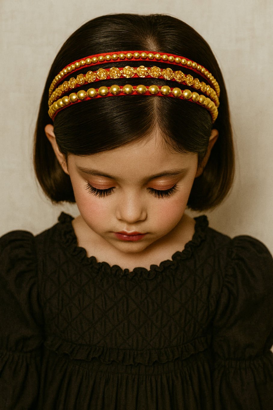 Golden Bead & Floral Red Satin Girls Headband Set With 3 Pieces