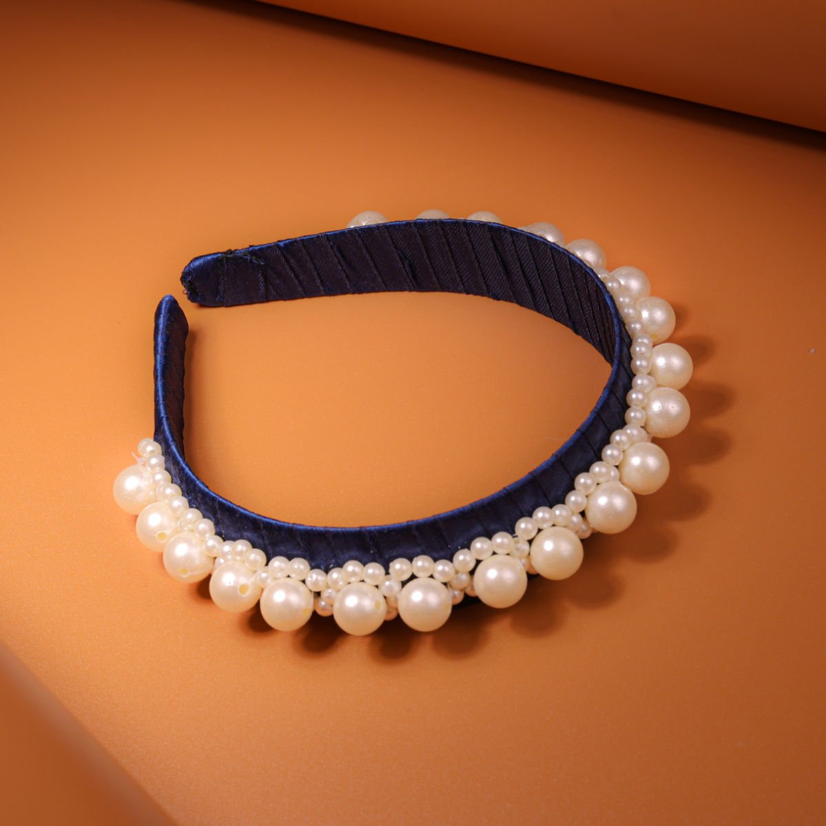 Navy Pearl Luxe Satin Elegance Padded Girls Hairband With Beads