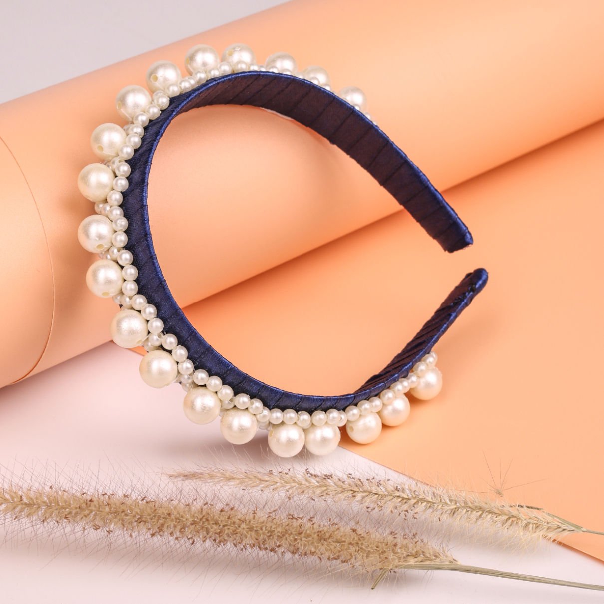 Navy Pearl Luxe Satin Elegance Padded Girls Hairband With Beads