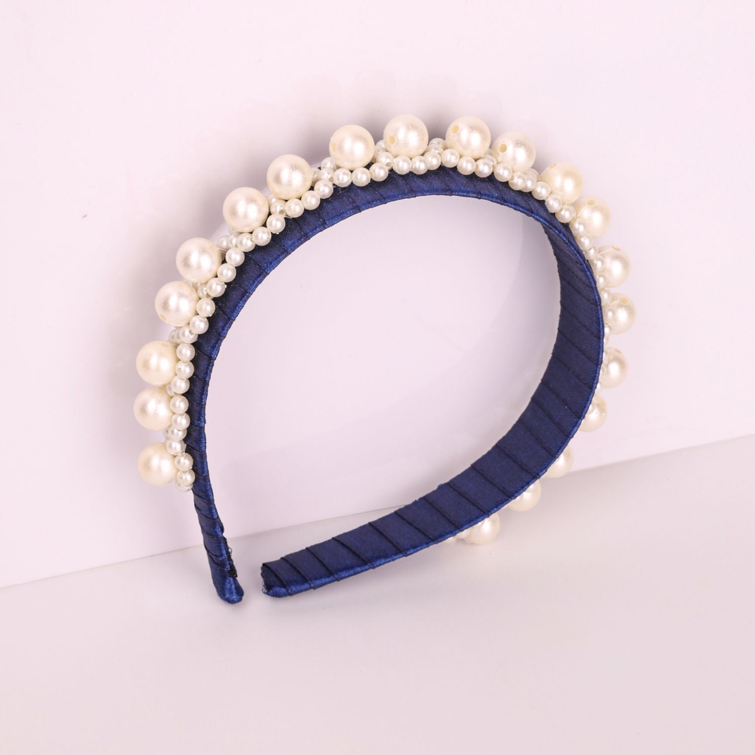 Navy Pearl Luxe Satin Elegance Padded Girls Hairband With Beads