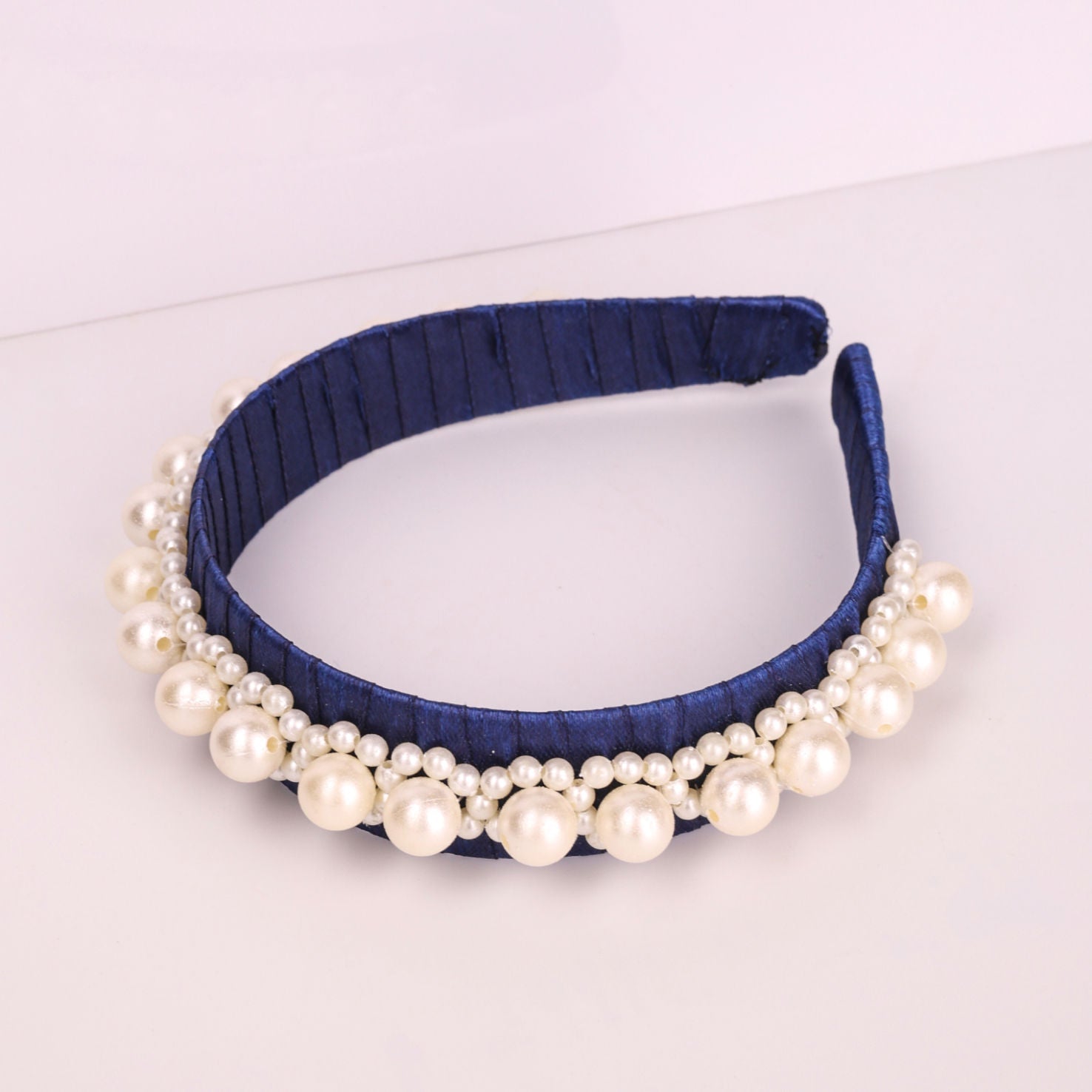 Navy Pearl Luxe Satin Elegance Padded Girls Hairband With Beads