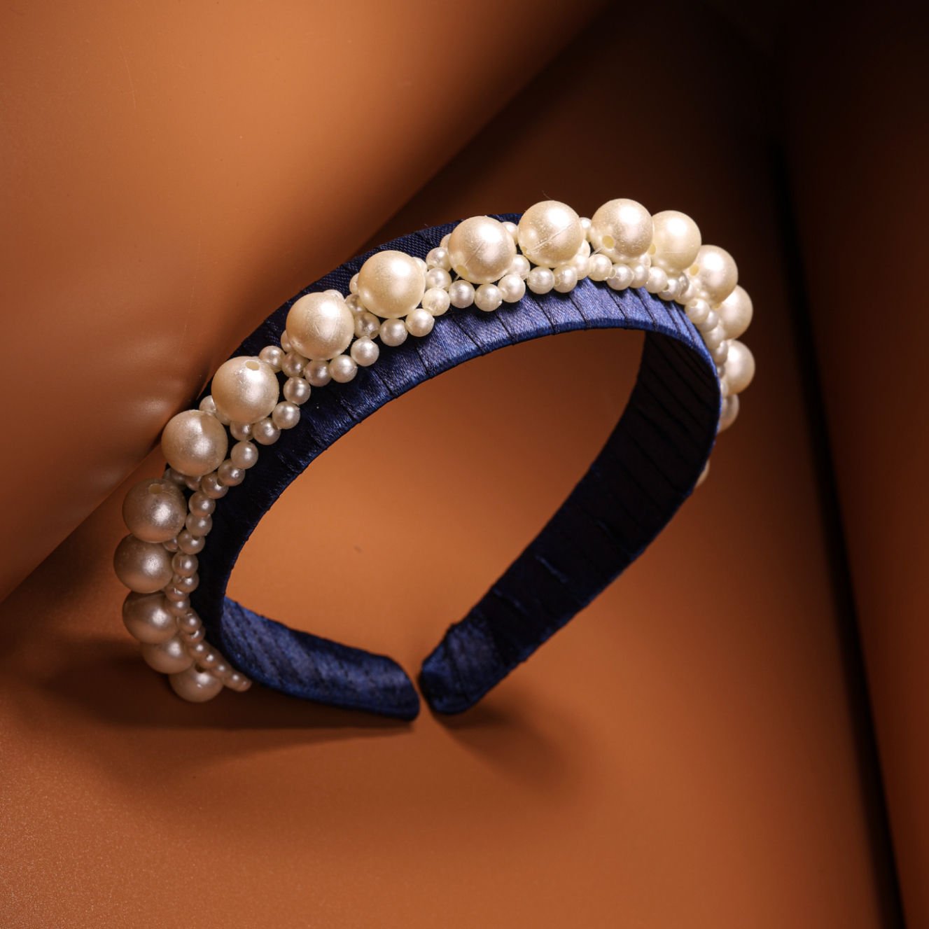 Navy Pearl Luxe Satin Elegance Padded Girls Hairband With Beads