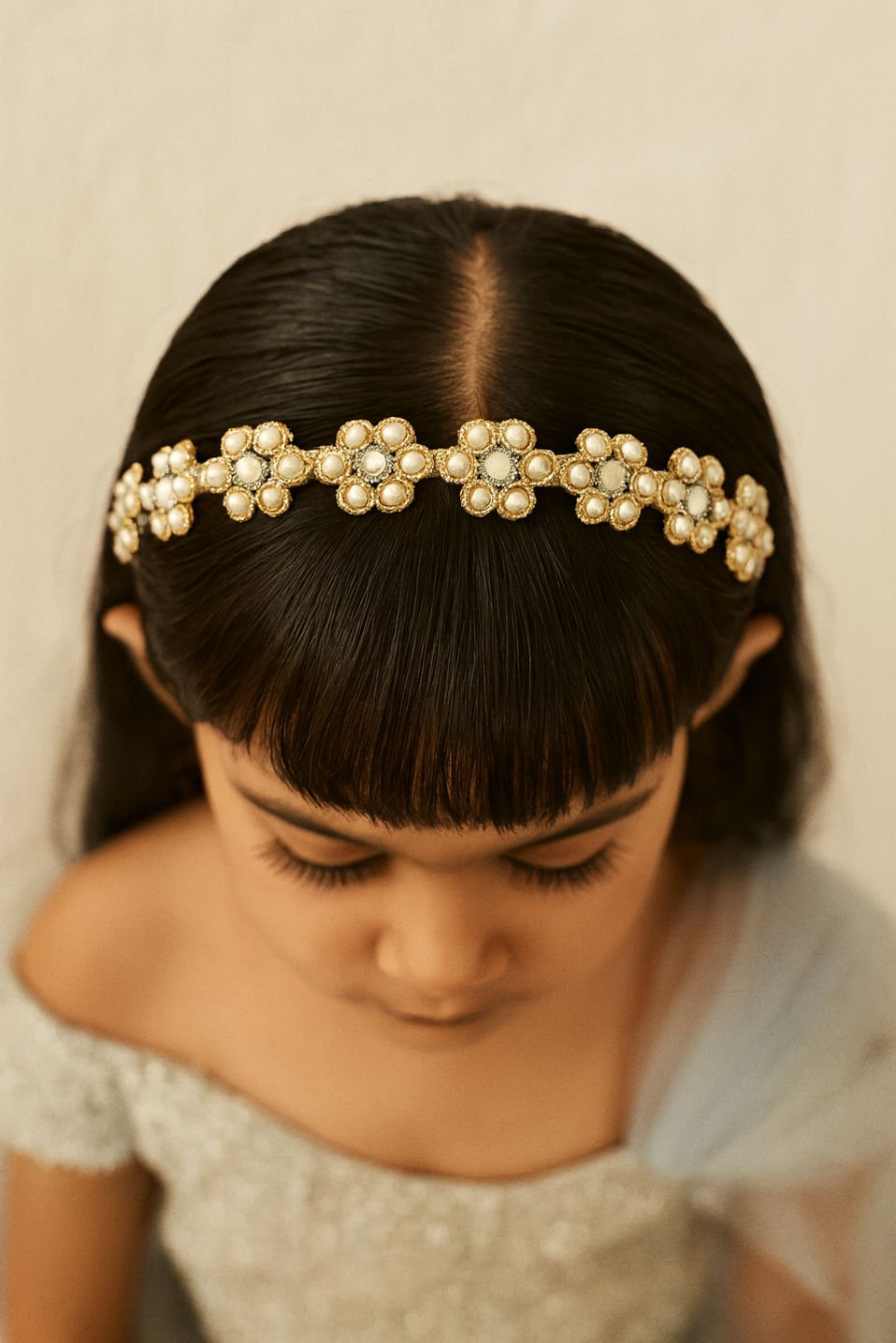 White Pearl Floral Festive Glam Girls Hairband With Silver Lace Accents