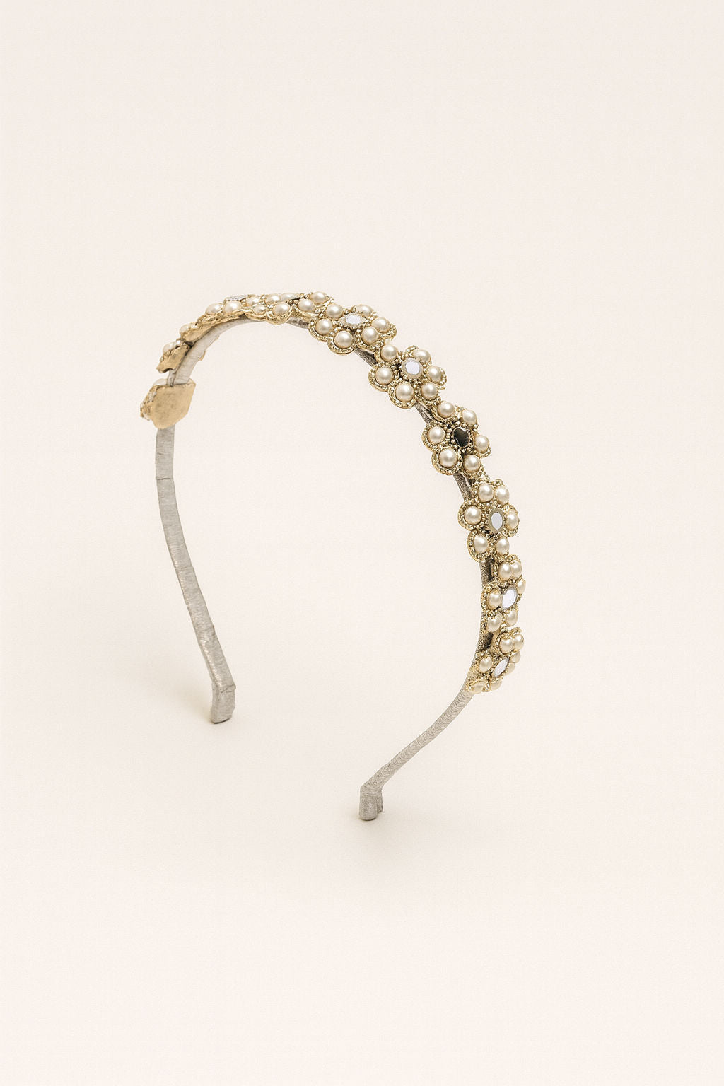 White Pearl Floral Festive Glam Girls Hairband With Silver Lace Accents