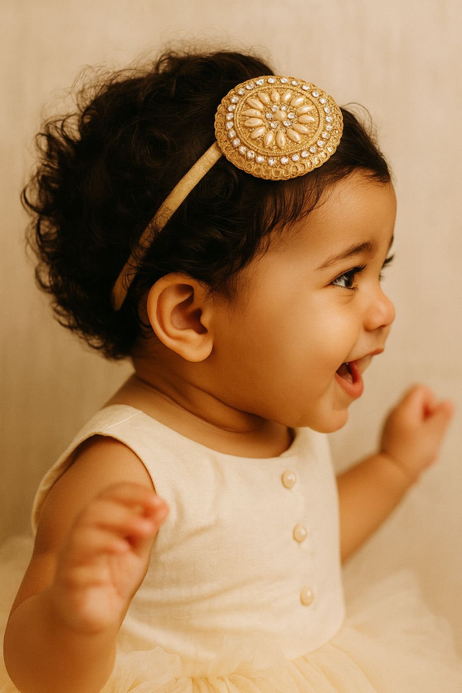 Pearl Stone Gold Ethnic Luxe Girls Head Band With Round Motif