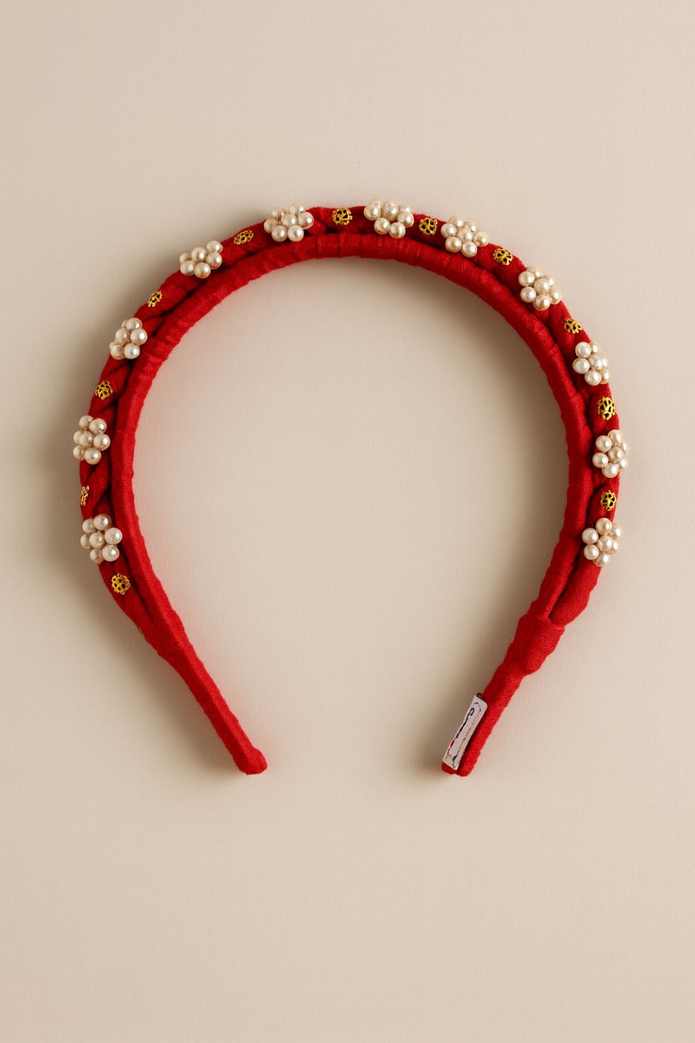 Red Floral Chic Party Elegance Hairband With Pearl Beads And Gold Accents
