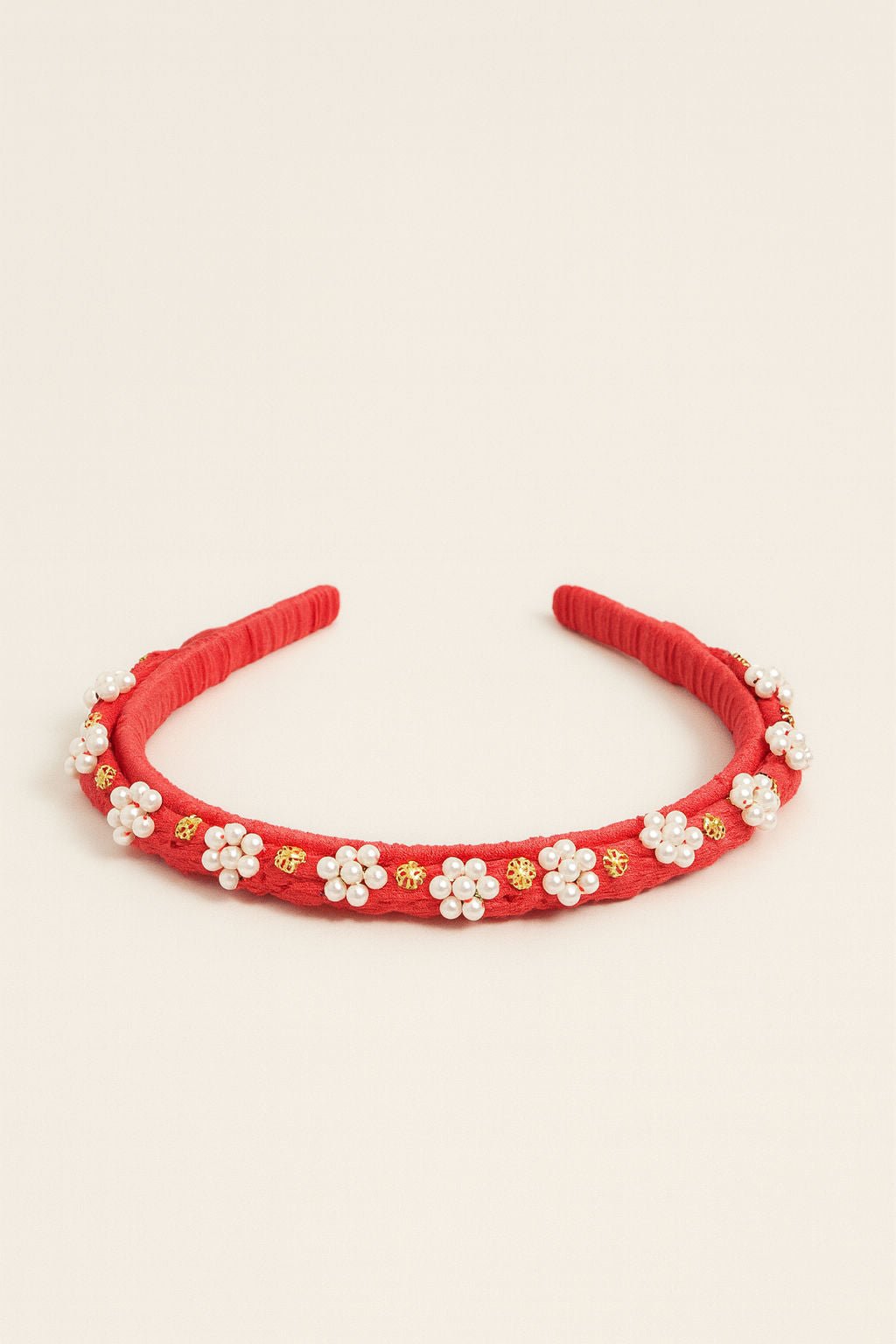 Red Floral Chic Party Elegance Hairband With Pearl Beads And Gold Accents
