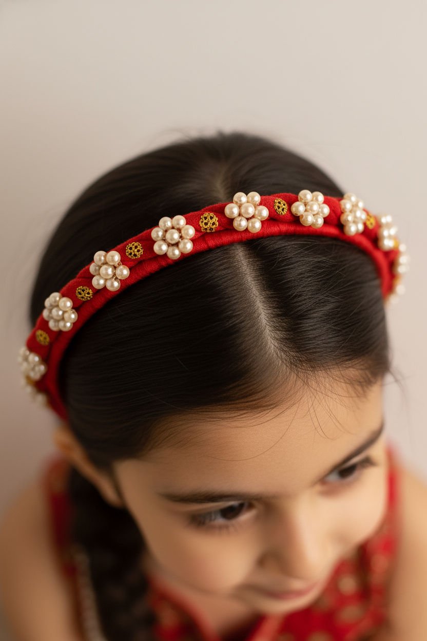 Red Floral Chic Party Elegance Hairband With Pearl Beads And Gold Accents