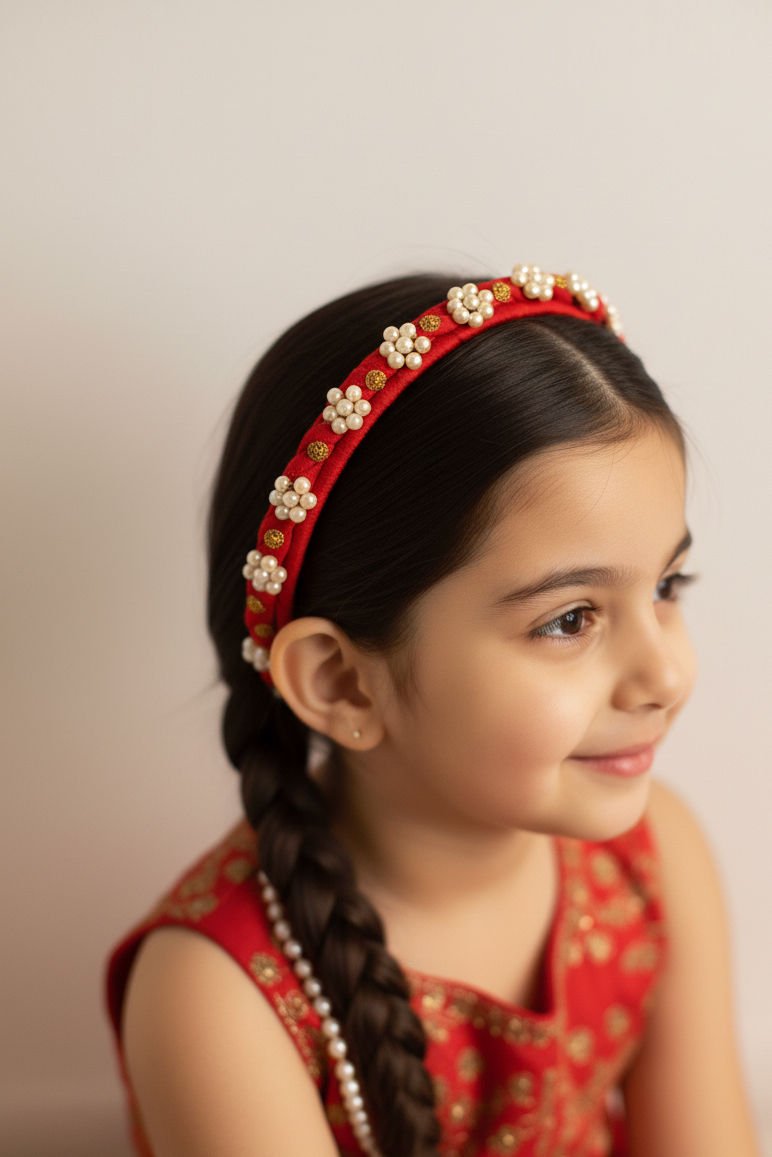 Red Floral Chic Party Elegance Hairband With Pearl Beads And Gold Accents