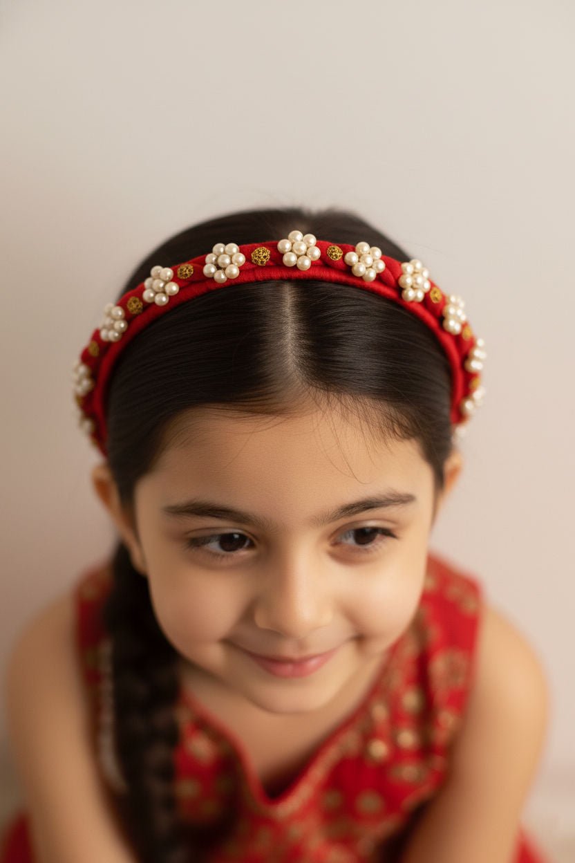 Red Floral Chic Party Elegance Hairband With Pearl Beads And Gold Accents