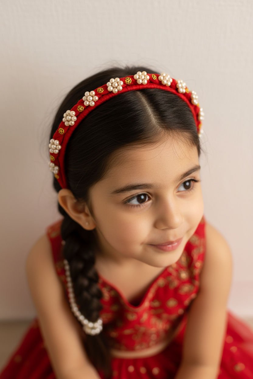 Red Floral Chic Party Elegance Hairband With Pearl Beads And Gold Accents