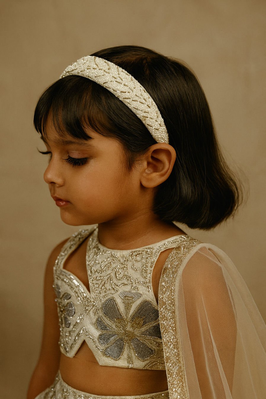 White Beaded Festive Elegant Glam Girls Hairband With Acrylic Finish
