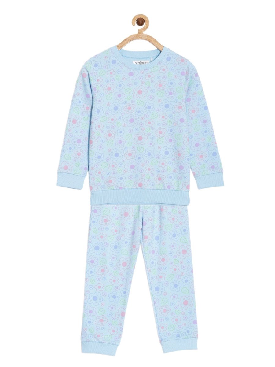 Blue Colourful Daisies Jogger Set For Girls