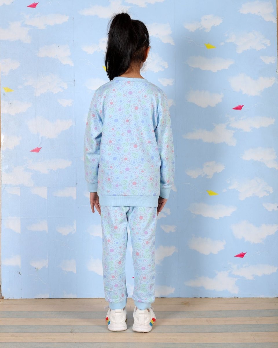 Blue Colourful Daisies Jogger Set For Girls