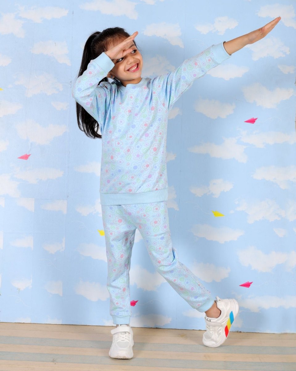 Blue Colourful Daisies Jogger Set For Girls