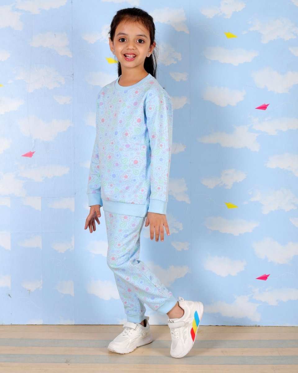 Blue Colourful Daisies Jogger Set For Girls
