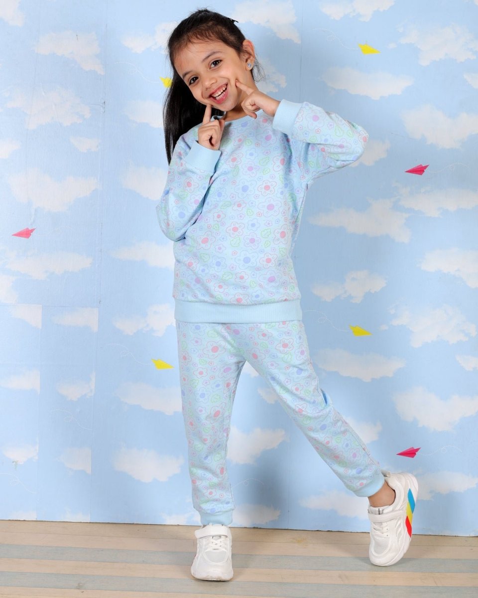 Blue Colourful Daisies Jogger Set For Girls
