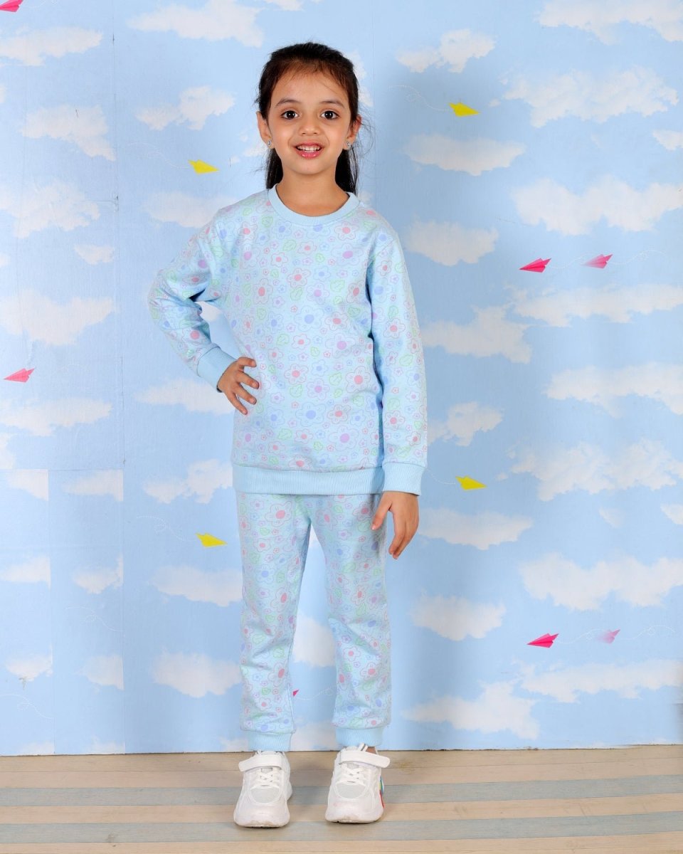 Blue Colourful Daisies Jogger Set For Girls