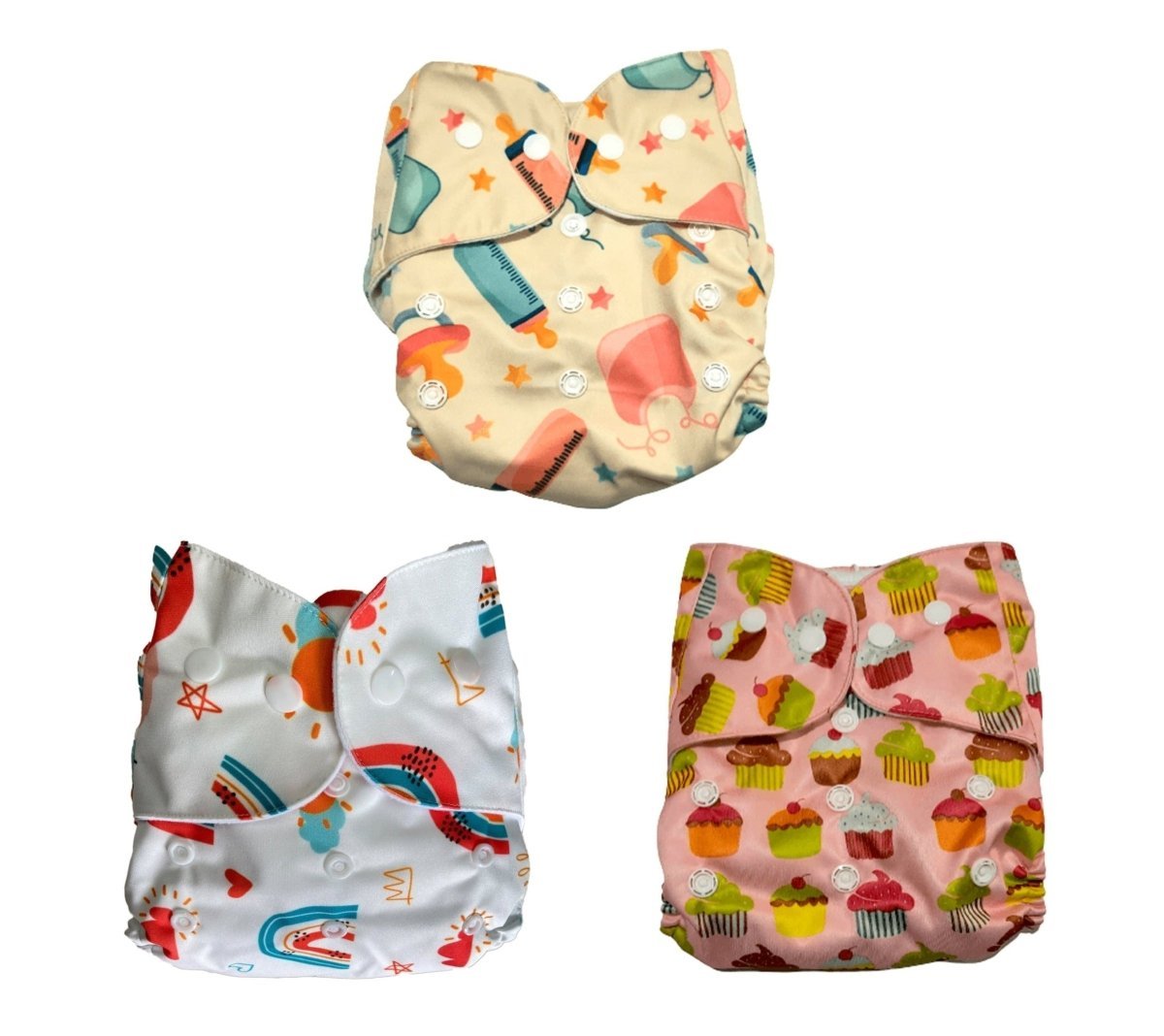 Multicolor 3 Pc Reusable Waterproof Cloth Diaper Set For Babies