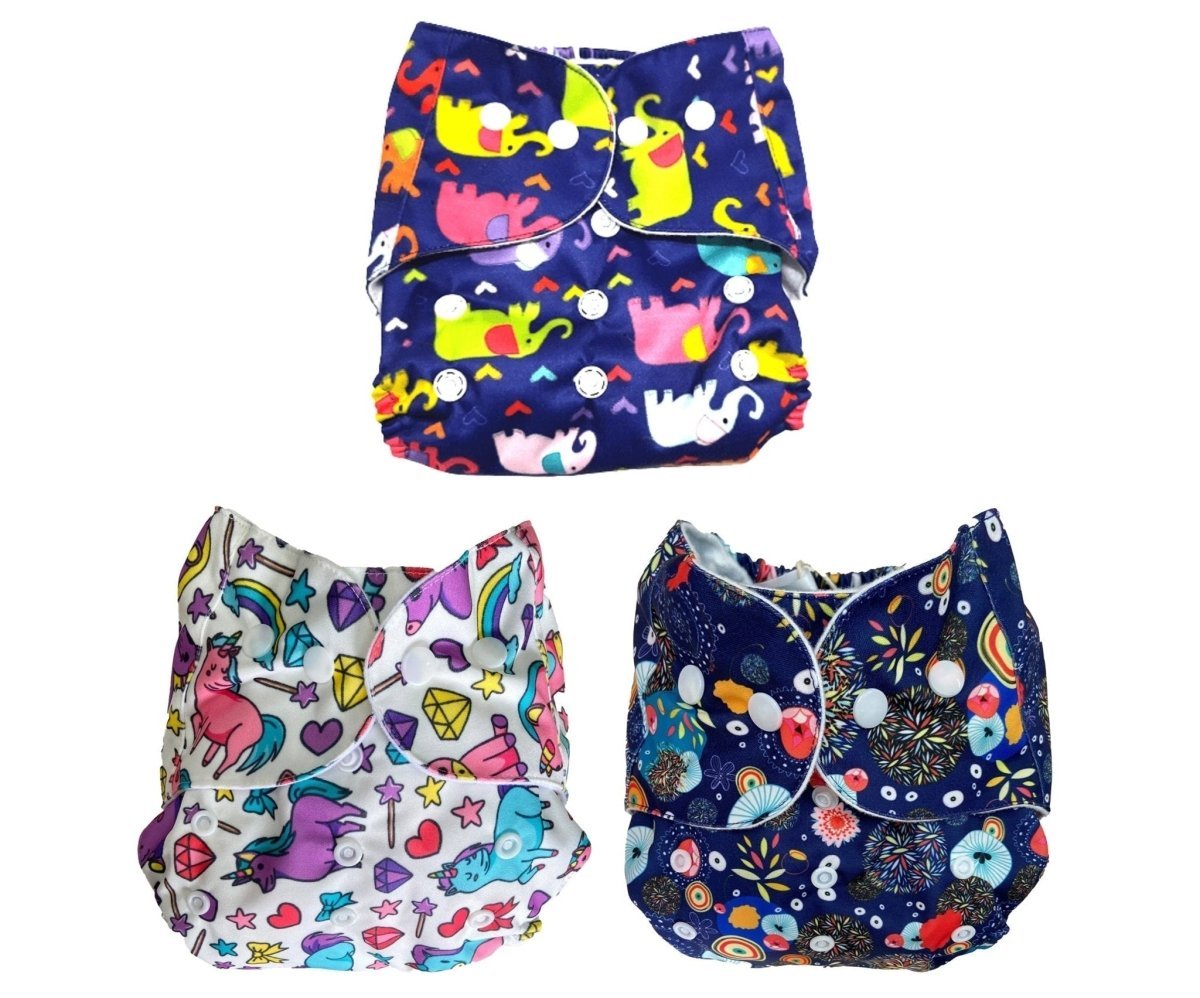 Multicolour Reusable Cloth Diaper Combo With 3 Microfibre Soakers