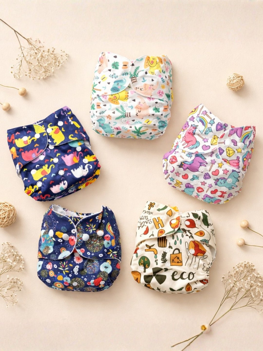 Combo Of 5 Reusable Pocket Cloth Diapers For Babies