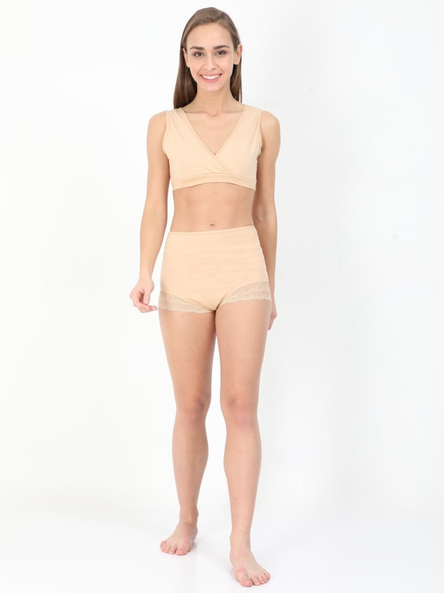  Beige Maternity Over Belly High Waist Lace Panty and Bra Beige