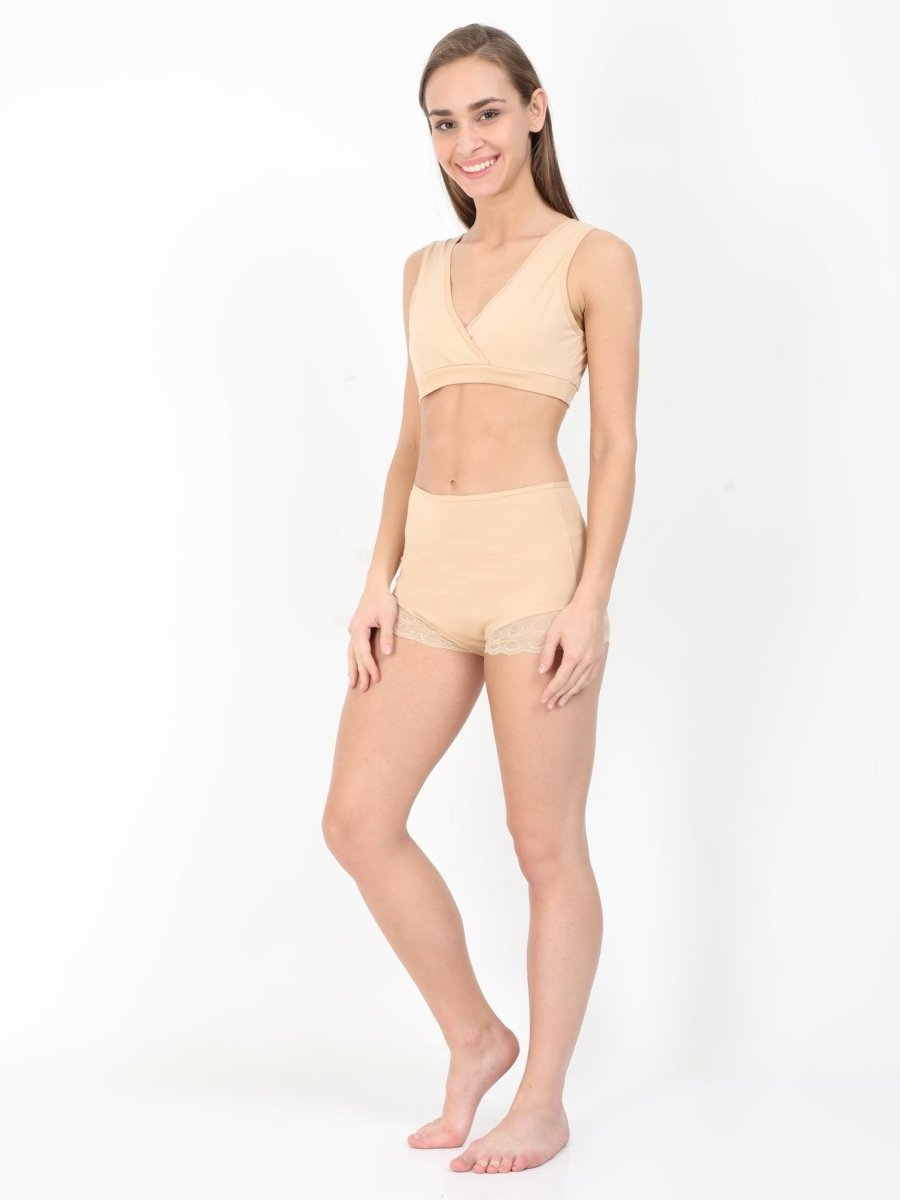  Beige Maternity Over Belly High Waist Lace Panty and Bra Beige