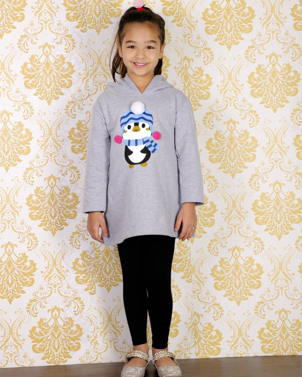 Little Penguin Hooded Sweater Dress with Black Leggings Set