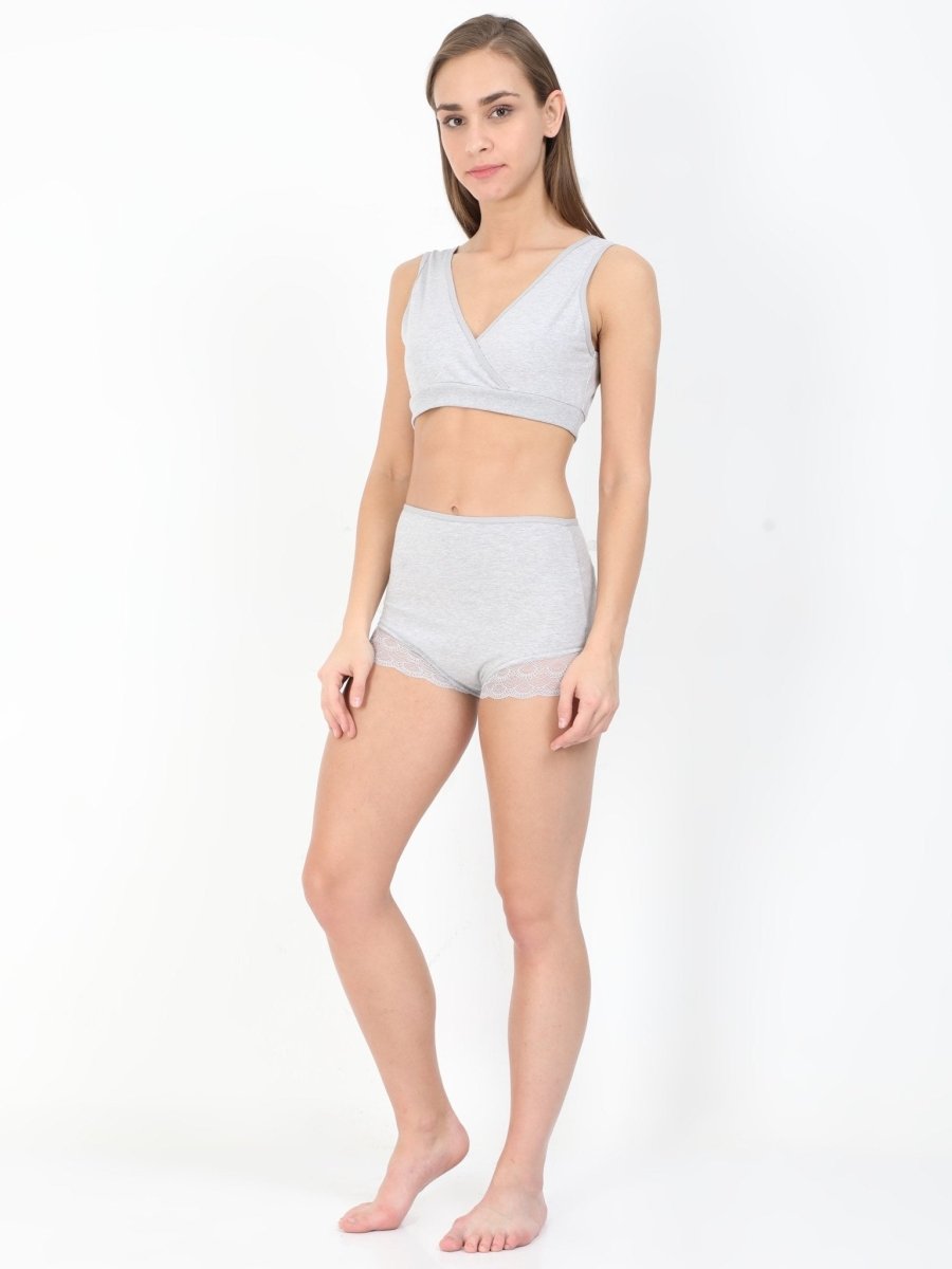  Combo of Gray Pre/Post Pregnancy High Waist Lace Panty and Maternity Nursing Sleep Bra Gray