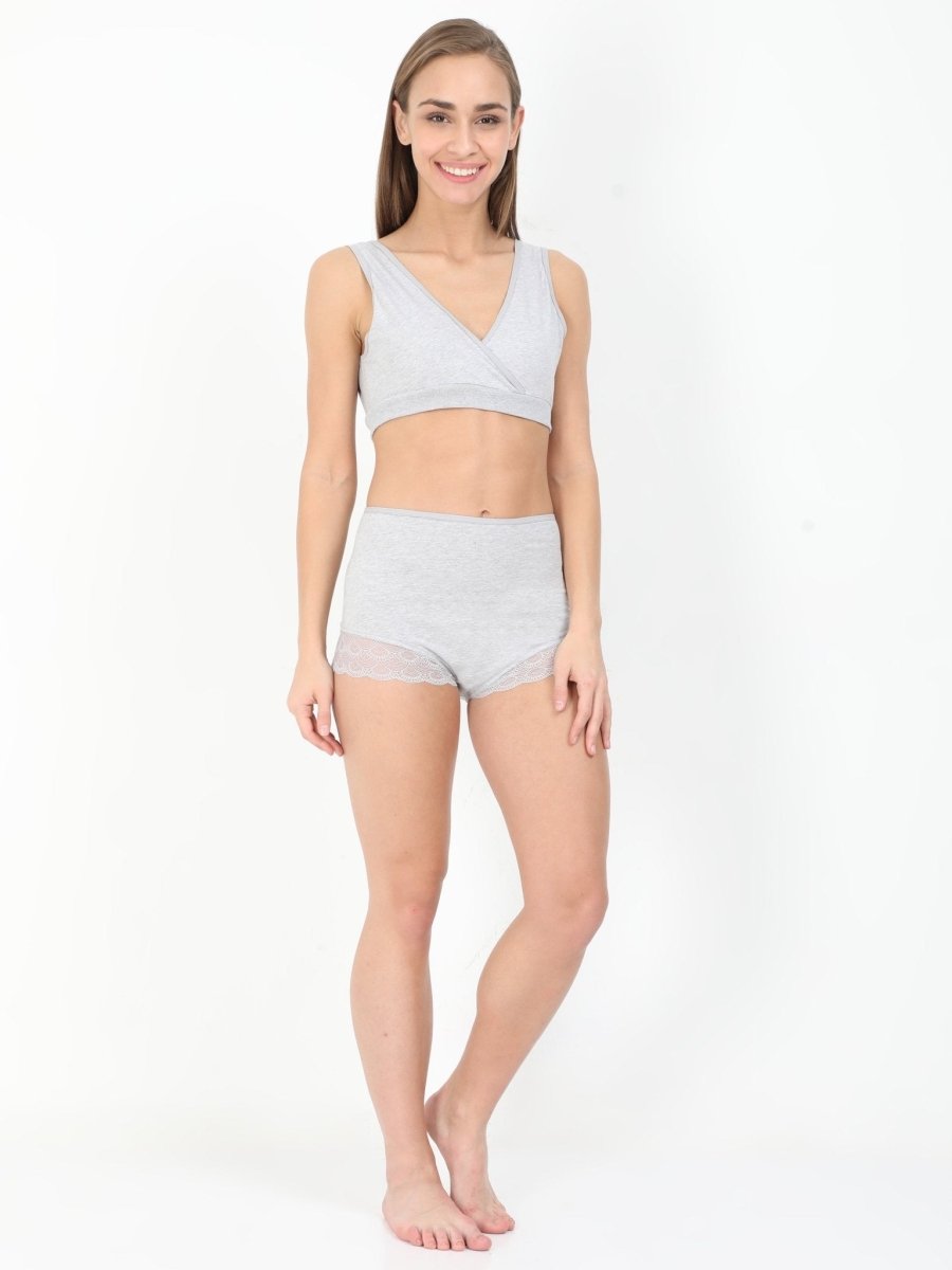  Combo of Gray Pre/Post Pregnancy High Waist Lace Panty and Maternity Nursing Sleep Bra Gray