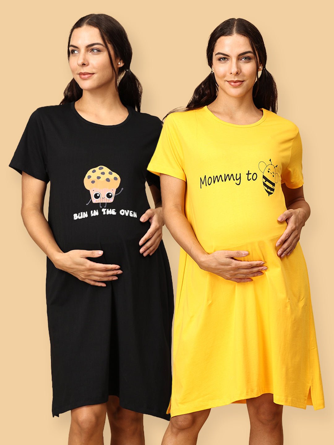  Combo Of Mommy To Be & Bun In The Oven Maternity T-Shirt Dress Multi