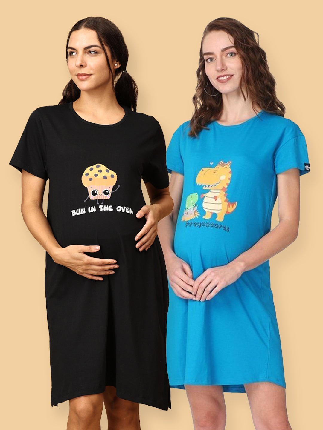 Combo Of Pregasaurus & Bun In The Oven Maternity T-Shirt Dress Multi
