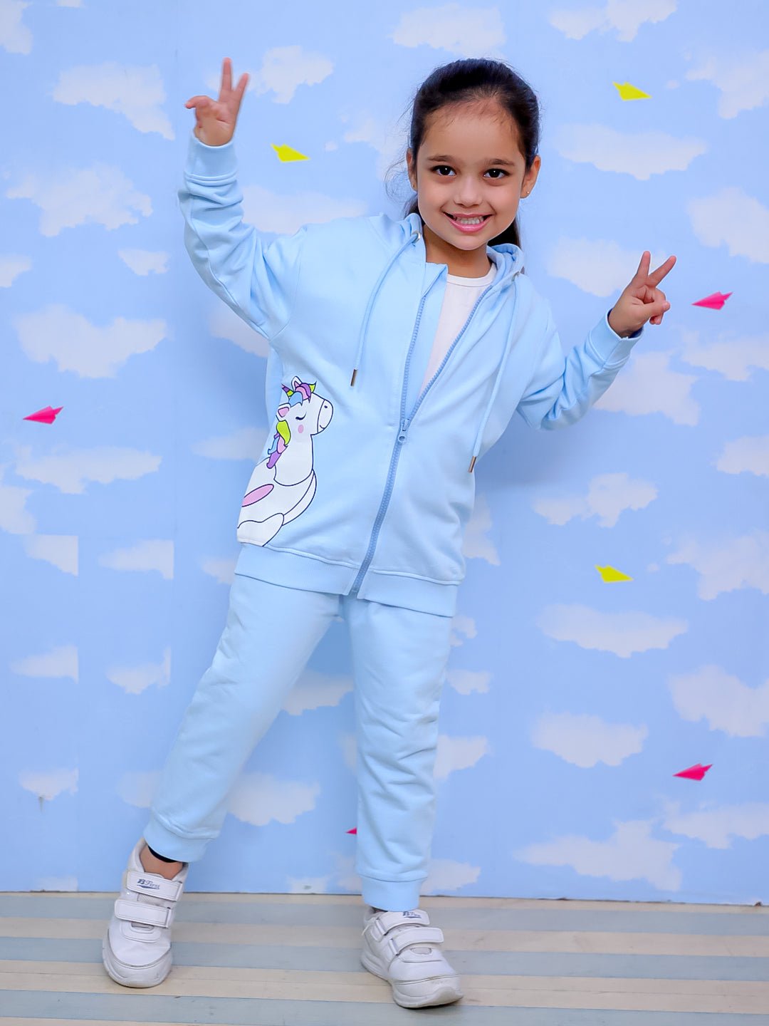 Cool Unicorn Zipper Hoodie And Light Blue Sweatpants For Kids
