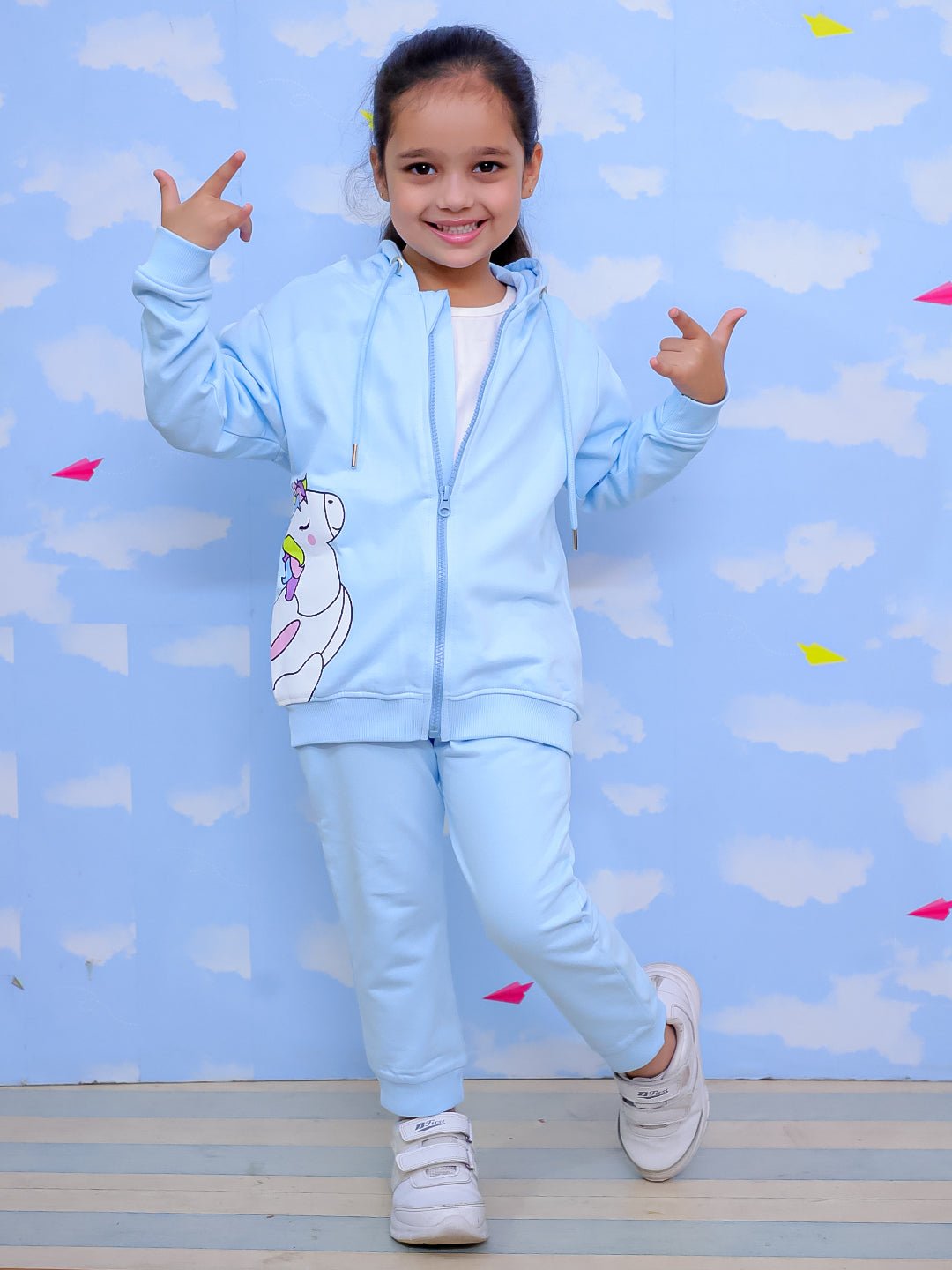 Cool Unicorn Zipper Hoodie And Light Blue Sweatpants For Kids