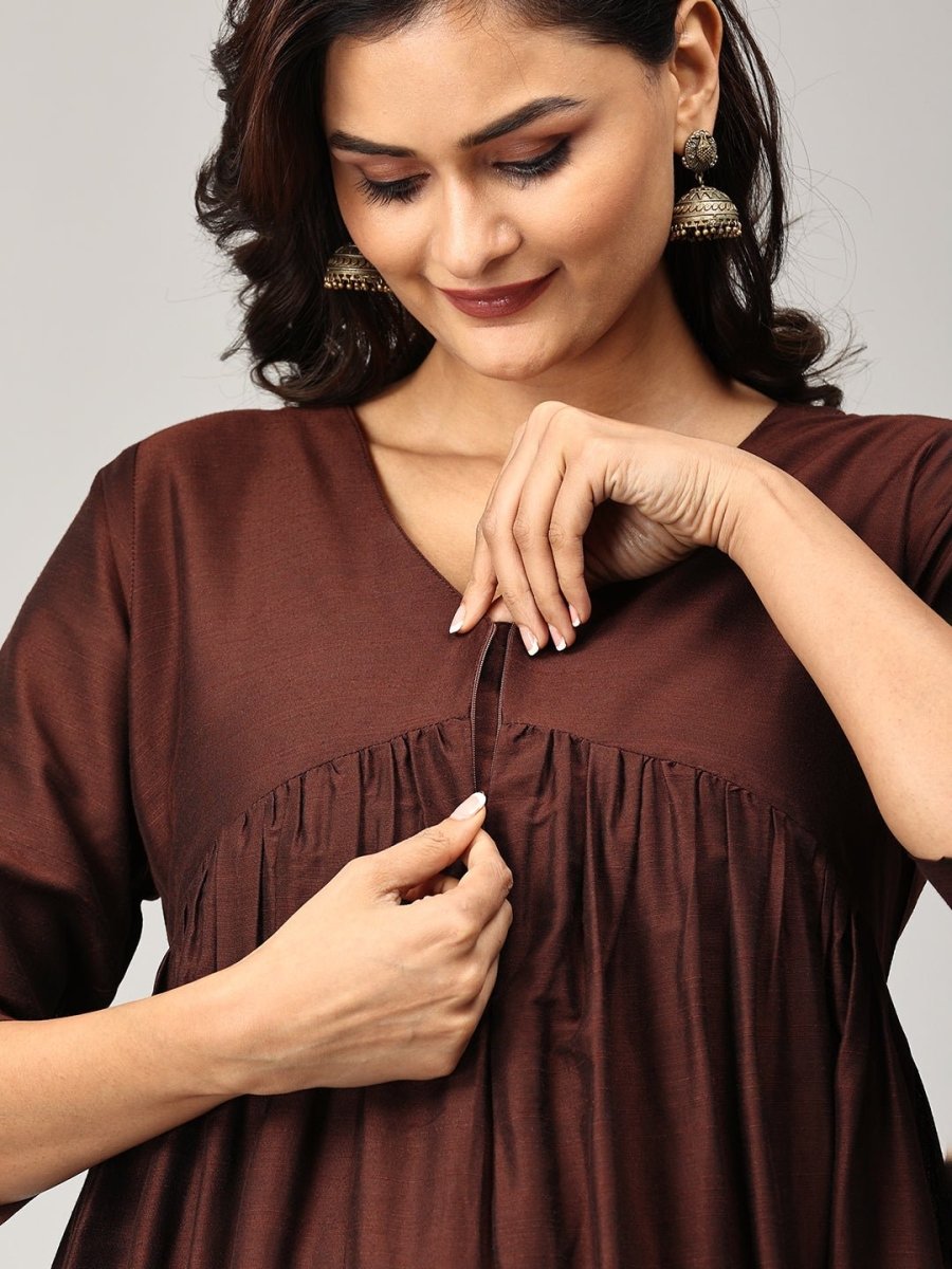  Cozy Café Maternity and Nursing Silk Kurta Set Brown