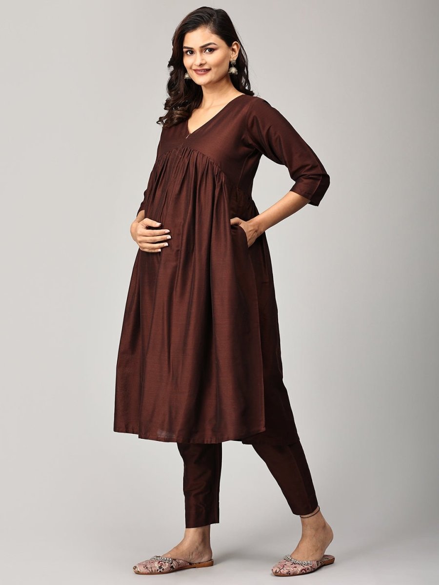  Cozy Café Maternity and Nursing Silk Kurta Set Brown