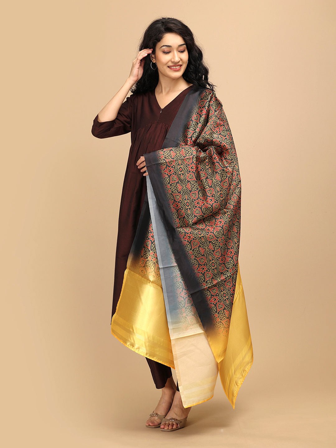  Cozy Café Maternity and Nursing Silk Kurta Set Brown