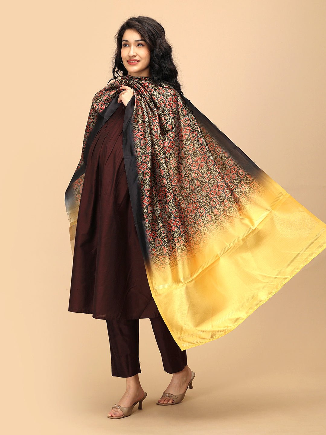  Cozy Café Maternity and Nursing Silk Kurta Set Brown