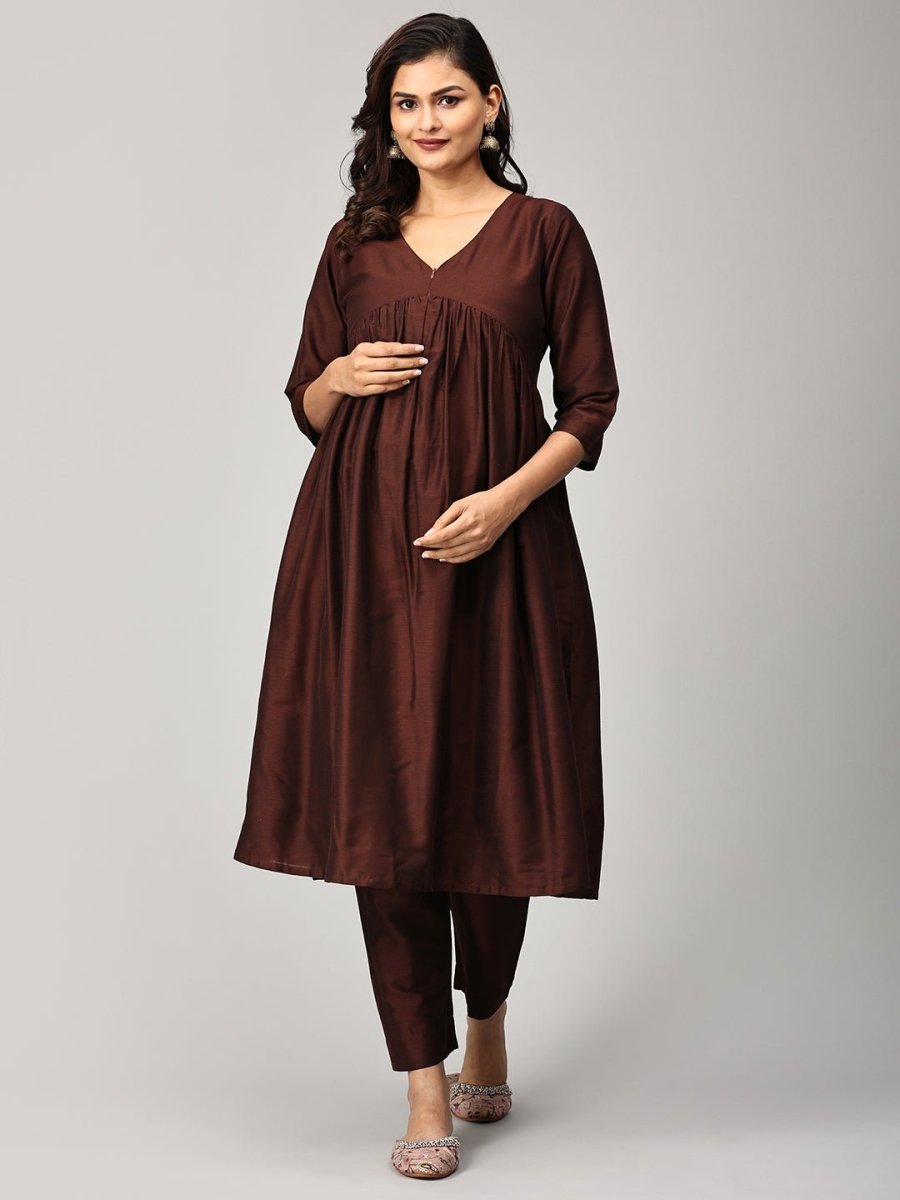  Cozy Café Maternity and Nursing Silk Kurta Set Brown